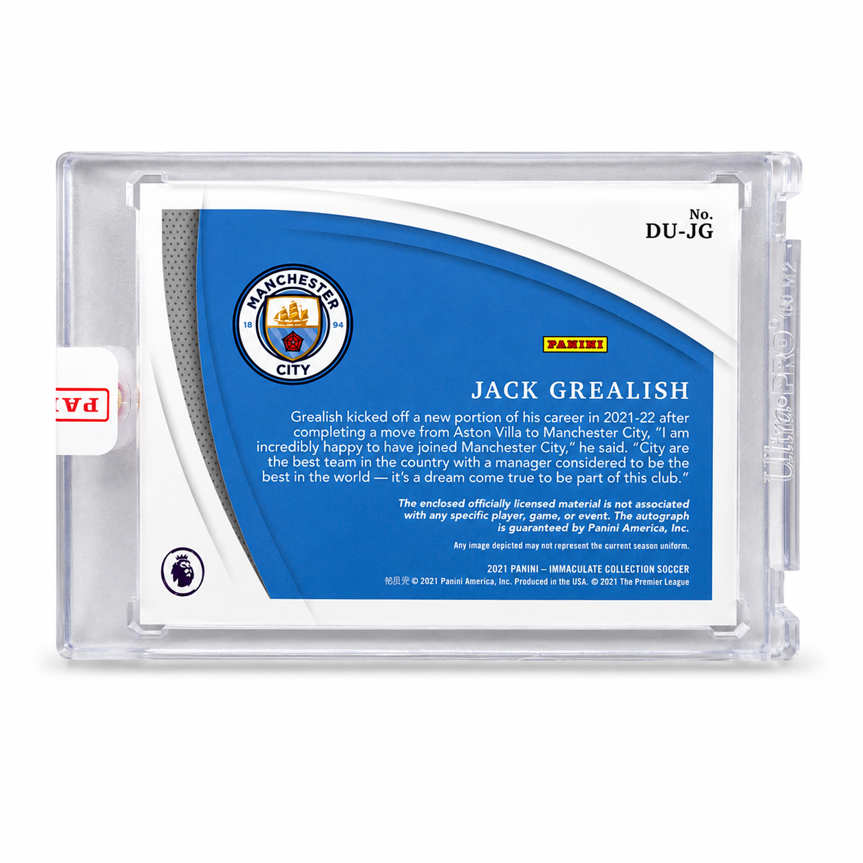 Jack Grealish 2021 Panini Immaculate Dual Relic Auto Manchester City | 92/99