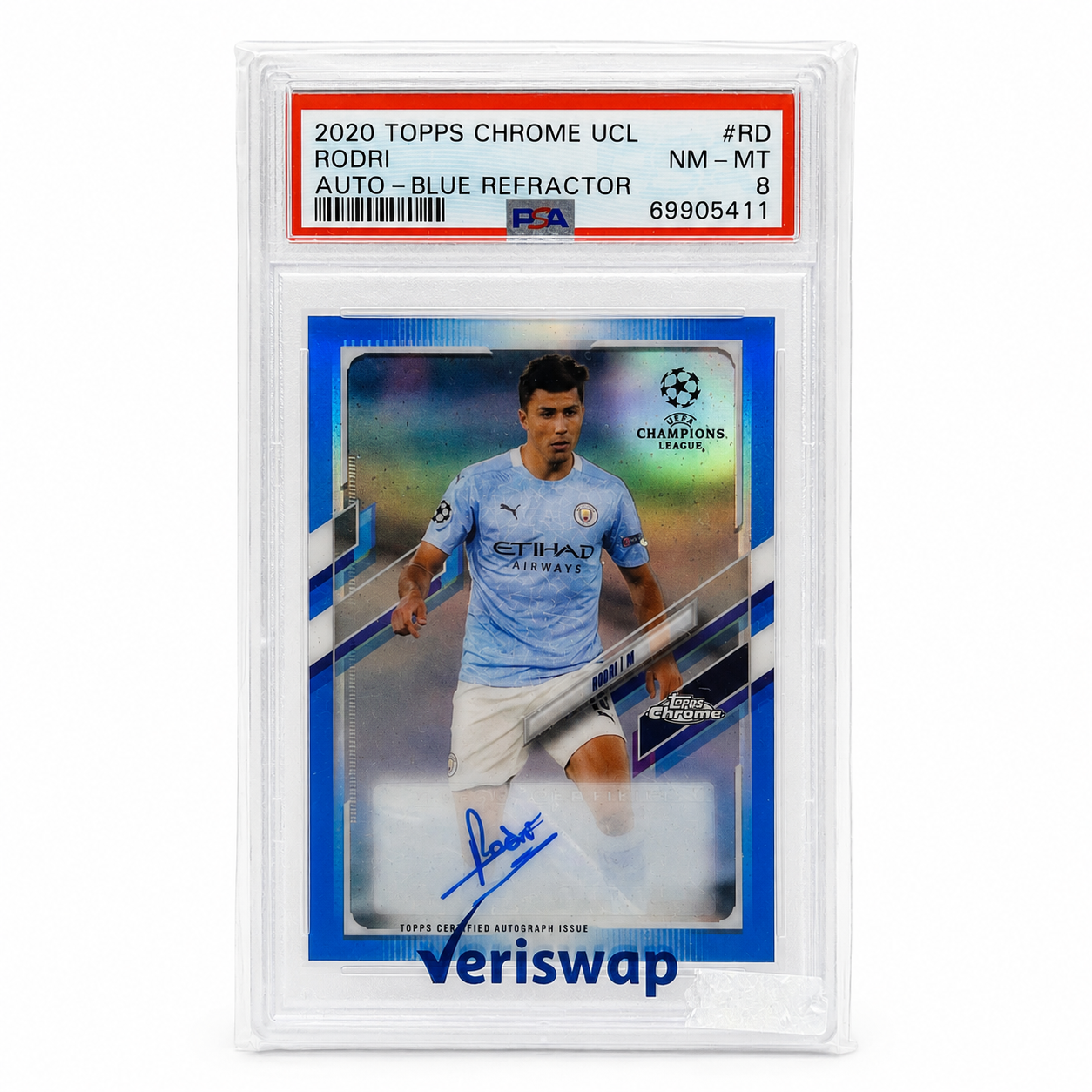 Rodri 2020-21 Topps Chrome UEFA Blue Refractor Auto /150 PSA 8 | Manchester City