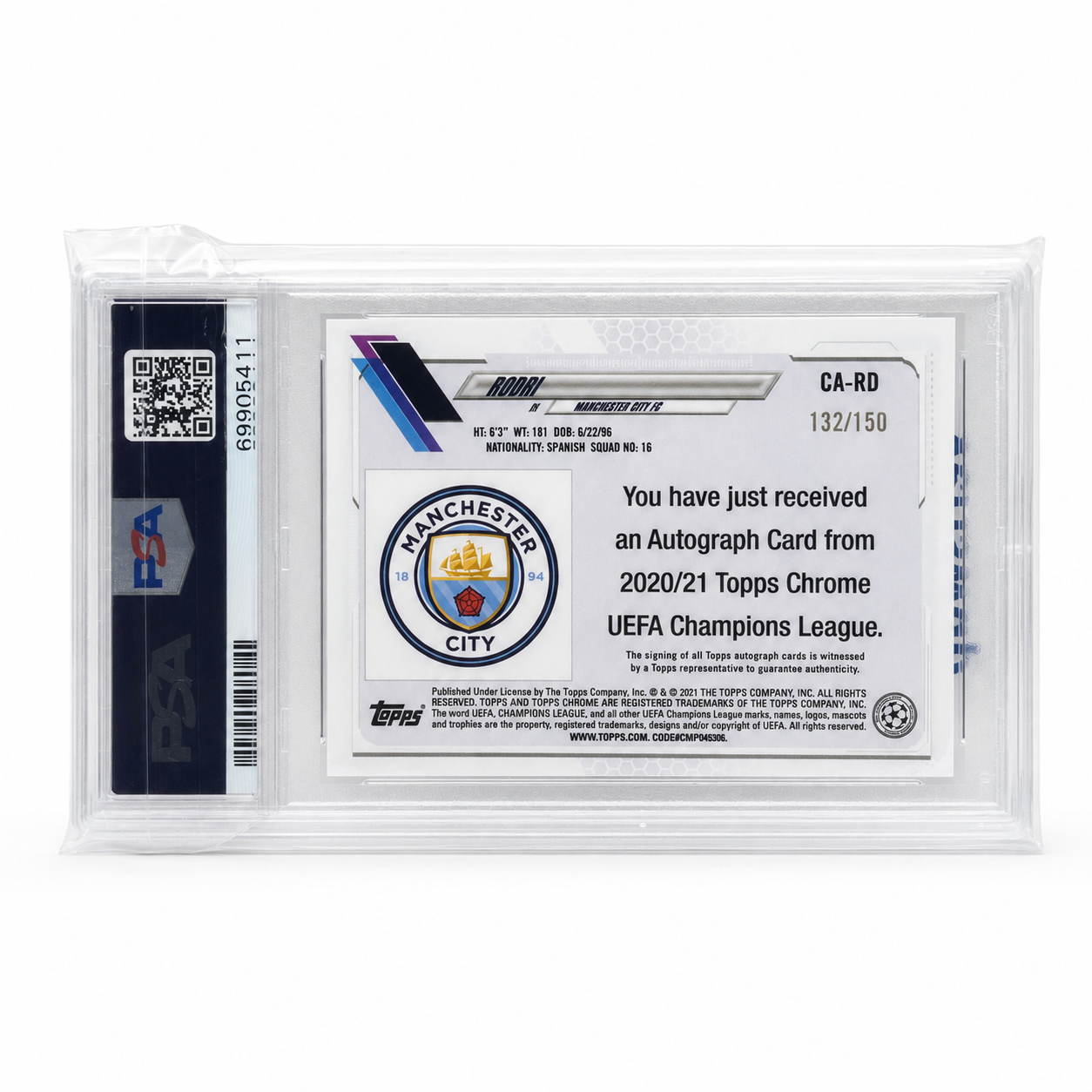 Rodri 2020-21 Topps Chrome UEFA Blue Refractor Auto /150 PSA 8 | Manchester City